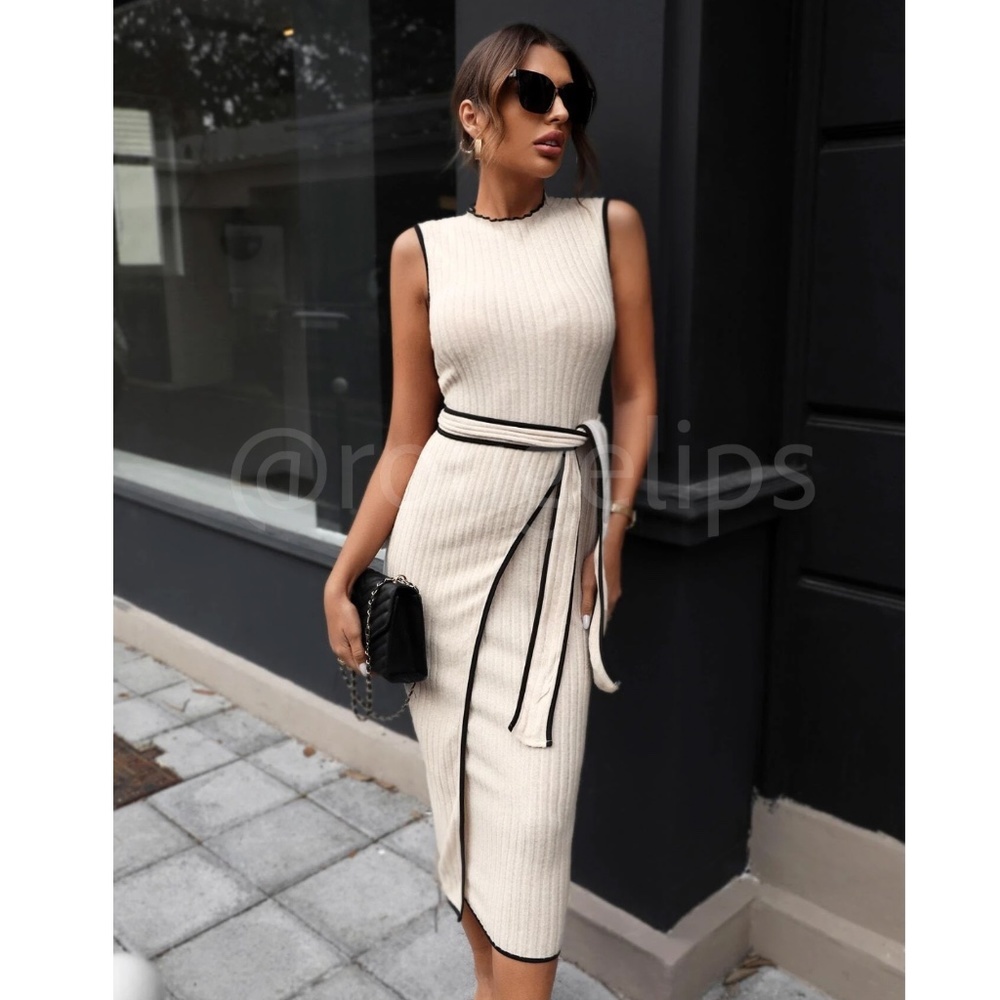 Beige Rib-knit Bodycon Dress Contrast Black Trim Tie Belt Midi Sleeveless